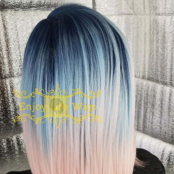 3 color pink blonde blue bob human blend wig